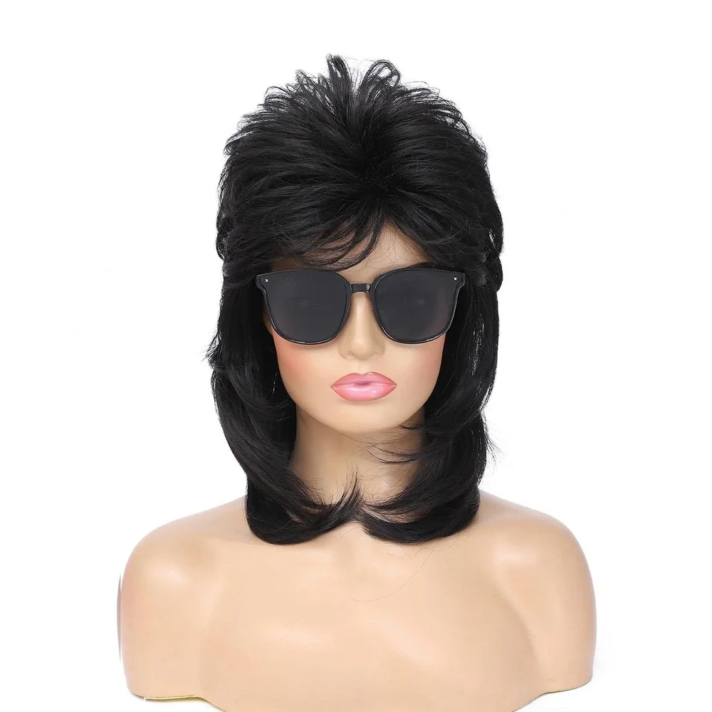 NWT Unisex Black Mullet Wig 80s 90s Rocker Shag Costume Halloween Punk